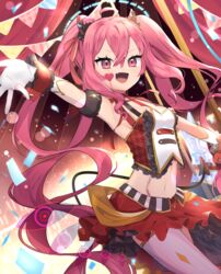  ahoge arm_up armband armpits asymmetrical_legwear breasts bustier circus confetti cowboy_shot demon_tail dot_nose evil_eye_(sound_voltex) facial_mark fake_horns female floating_hair frills gloves goma_(u_p) grace_(sound_voltex) hair_between_eyes halo hand_up heart heart_tattoo horns long_hair looking_at_viewer medium_breasts midriff multicolored_eyes navel oerba_yun_fang open_mouth outstretched_arm outstretched_arms pink_eyes pink_hair red_skirt skirt solo sound_voltex sparkle standing striped tail tattoo thighhighs uneven_legwear v-shaped_eyebrows vertical_stripes very_long_hair white_gloves wristband 