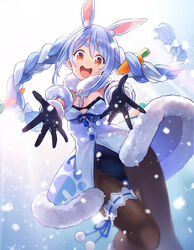  :d animal_ear_fluff animal_ears bare_shoulders black_gloves black_leotard blue_hair blush bow braid breasts brown_pantyhose carrot_hair_ornament commentary_request detached_sleeves don-chan_(usada_pekora) dress eyebrows_hidden_by_hair female food-themed_hair_ornament fur-trimmed_dress fur-trimmed_gloves fur_trim gloves hair_between_eyes hair_ornament hairbow highres hololive leotard long_hair looking_at_viewer multicolored_hair open_mouth outstretched_arms pantyhose puffy_short_sleeves puffy_sleeves rabbit_ears red_eyes round_teeth short_eyebrows short_sleeves small_breasts smile snowing solo strapless strapless_dress strapless_leotard teeth thick_eyebrows twin_braids twintails two-tone_hair upper_teeth_only usada_pekora usada_pekora_(1st_costume) virtual_youtuber white_bow white_dress white_hair white_sleeves yuko_(uc_yuk) 