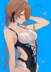  blue_background breasts brown_hair cleavage closed_mouth female frilled_one-piece_swimsuit frills hair_over_one_eye highres honkai_(series) honkai_impact_3rd long_hair looking_at_viewer maid maid_headdress maid_one-piece_swimsuit mole mole_under_eye one-piece_swimsuit petals rita_rossweisse rita_rossweisse_(phantom_iron) signature simple_background smile swimsuit tosiyu3617 twintails unconventional_maid 