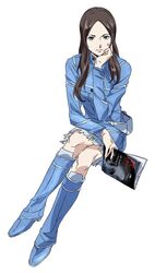  blue_dress blue_eyes blue_footwear boots brown_hair closed_mouth commentary_request crossed_legs denim denim_dress dress female full_body hand_on_own_chin hand_on_own_face highres long_hair looking_at_viewer magazine_(object) open_magazine setsuaki_(setsuakiishsh) shin_megami_tensei shin_megami_tensei_iii:_nocturne sitting skirt skull solo tachibana_chiaki_(megami_tensei) torn_clothes torn_skirt 