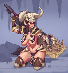  absurdres animal_skull arm_mounted_weapon armor bikini_armor black_hair bone bone_armor_(monster_hunter) boots breast_curtains breasts brown_eyes commentary crossbow crossbow_bolt english_commentary fake_horns female fingerless_gloves full_body gloves greatsword hair_ribbon helmet highres horned_helmet horns huge_weapon knee_boots knee_pads kneeling large_breasts leather leather_gloves lips monster_hunter:_world monster_hunter_(character) monster_hunter_(series) navel parted_lips pelvic_curtain revealing_clothes ribbon riz sidelocks skull_on_head solo sweat sword tribal vambraces weapon weapon_on_back 