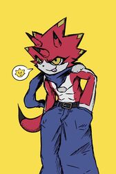  anthro bandai_namco betelgammamon blep bottomwear claws clothing denim denim_bottomwear denim_clothing digimon digimon_(species) digimon_ghost_game hi_res horn jeans male mas_square pants red_body scalie scarf shirtless solo tongue tongue_out yellow_eyes 