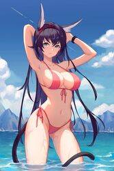  animal_ear_fluff animal_ears arknights armpits arms_up ass_visible_through_thighs bikini black_hair blaze_(arknights) blue_eyes blush bracelet breasts cat_ears cat_girl cat_tail cleavage closed_mouth commentary_request contrapposto cowboy_shot day dhsl female front-tie_bikini_top front-tie_top hairband highleg highleg_swimsuit highres infection_monitor_(arknights) jewelry large_breasts long_hair looking_at_viewer mountainous_horizon outdoors pink_bikini pink_ribbon red_hairband ribbon side-tie_bikini_bottom smile solo swimsuit tail very_long_hair wading water wet 