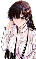  absurdres black_hair breasts closed_mouth danshi_koukousei_o_yashinaitai_onee-san_no_hanashi female hair_between_eyes highres jmdyer000 kanemochi_shiori long_hair purple_eyes ribbed_sweater simple_background smile solo sweater upper_body white_background white_sweater 