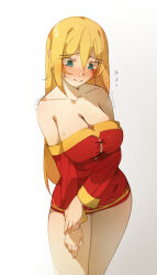  @_@ absurdres bare_legs bare_shoulders blonde_hair blue_eyes breasts choppy_bangs cleavage clothes_pull collarbone commentary cosplay darkness_(konosuba) deko_morii dress feet_out_of_frame female highres kono_subarashii_sekai_ni_shukufuku_wo! large_breasts light_smile long_hair looking_down megumin megumin_(cosplay) out_of_frame red_dress shaking shy simple_background solo standing sweat thick_thighs thighs trembling white_background 