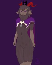  anthro bell bovid breasts cape caprine clothing cowbell cult_of_the_lamb daetoyin dark_body dark_fur digital_media_(artwork) featureless_crotch female fingers fur goat goat_(cult_of_the_lamb) hair hi_res horn looking_at_viewer mammal massive_monster_(studio) navel purple_crown_(cult_of_the_lamb) simple_background small_breasts smile solo standing text 