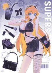  bag belt black_bra blonde_hair blue_eyes bra breasts chains cowboy_shot crown earrings female fishnet_thighhighs fishnets handbag harness highres jewelry large_breasts leather leather_bra leather_choker leather_skirt long_hair mario_(series) miniskirt navel o-ring princess_peach red_nails sepo_(mito609) skirt thighhighs underwear very_long_hair 