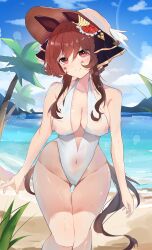  absurdres animal_ears ass_visible_through_thighs beach braided_hair_rings breasts casual_one-piece_swimsuit cleavage ear_covers feet_out_of_frame female gentildonna_(umamusume) hat heart-shaped_ornament heart_ear_ornament highres horse_ears horse_girl horse_tail large_breasts mountainous_horizon ocean one-piece_swimsuit purin_inu solo swimsuit tail thigh_gap umamusume white_hat white_one-piece_swimsuit 