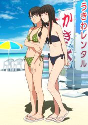  2girls absurdres arms_behind_back bare_shoulders barefoot barefoot_sandals beach bikini blue_bikini blue_sky blurry bow bow_bikini braid braided_twintails brown_hair cloud cloudy_sky day depth_of_field expressionless flip-flops full_body glasses green_bikini hand_on_own_thigh highres long_hair looking_at_viewer multiple_girls original outdoors ribs sandals shadow shinchou_ni_kansuru_kousatsu short_hair side-tie_bikini_bottom sidelocks sky standing swimsuit twin_braids 