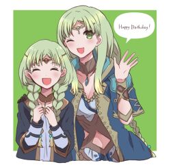  2girls :d ;d ^_^ atelier_(series) atelier_lulua atelier_totori blue_coat braid breasts circlet cleavage closed_eyes clothing_cutout coat commentary_request detached_collar gift_art green_eyes green_hair hand_up hands_up happy_birthday haruna_(citrus_love_i) highres in-franchise_crossover long_hair long_sleeves multiple_girls navel_cutout one_eye_closed open_mouth piana_(atelier) smile speech_bubble time_paradox twin_braids 