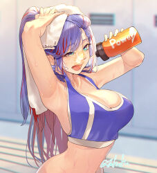  absurdres bikini blue_bikini blue_hair blue_tank_top bottle breasts changing_room cleavage collarbone drink female fuwafuwatoufu highres indoors kantai_collection large_breasts locker locker_room long_hair multicolored_hair navel official_alternate_costume ponytail red_hair south_dakota_(kancolle) south_dakota_kai_(swimsuit_mode)_(kancolle) sports_bikini sweat swimsuit tank_top towel water_bottle white_hair 