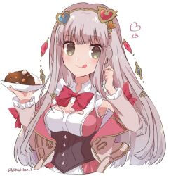  :q atelier_(series) atelier_lulua blunt_bangs bow bowtie breasts cleavage cleavage_cutout closed_mouth clothing_cutout commentary_request curry curry_rice elmerulia_fryxell female food green_eyes grey_hair hair_ornament hands_up haruna_(citrus_love_i) heart heart_hair_ornament highres holding holding_plate holding_spoon jacket long_hair long_sleeves looking_at_viewer open_clothes open_jacket plate red_bow red_bowtie rice smile solo spoon tongue tongue_out twitter_username upper_body white_background 