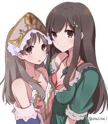  2girls atelier_(series) atelier_totori bare_shoulders blue_sleeves breasts brown_eyes brown_hair cecilia_helmold cleavage closed_mouth commentary_request detached_sleeves frilled_shirt frills green_shirt hair_ornament haruna_(citrus_love_i) hat long_hair looking_at_viewer multiple_girls open_mouth shirt siblings simple_background sisters small_breasts smile spaghetti_strap totooria_helmold twitter_username upper_body white_background 