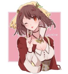  ;p atelier_(series) atelier_firis border breasts brown_eyes brown_hair cleavage commentary_request cropped_torso female hand_up haruna_(citrus_love_i) head_scarf index_finger_raised jewelry large_breasts long_sleeves looking_at_viewer necklace one_eye_closed outline outside_border pink_background short_hair smile solo sophie_neuenmuller tongue tongue_out twitter_username upper_body white_border white_outline 