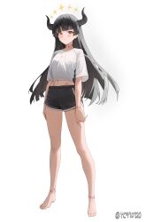  absurdres bare_legs barefoot black_hair black_horns black_shorts blunt_bangs blush closed_mouth commentary diein_(djmax) djmax djmax_respect female full_body halo highres horns long_hair looking_at_viewer midriff navel red_eyes shirt short_sleeves shorts simple_background solo standing syc2159 t-shirt thighs toes twitter_username white_background white_shirt yellow_halo 