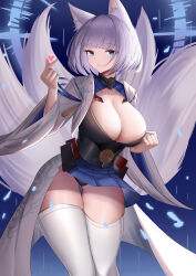  absurdres animal_ears azur_lane black_panties blue_eyes blue_skirt breasts cleavage female finger_heart fox_ears fox_girl fox_tail highres japanese_clothes kaga_(azur_lane) kimono kitsune kyuubi lahz52 large_breasts large_tail looking_at_viewer metal_belt miniskirt multiple_tails panties pantyshot pleated_skirt sakuramon short_hair skirt solo tail tank_top thighhighs underwear white_hair white_kimono white_tail white_tank_top white_thighhighs wide_sleeves 