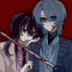  2boys black_eyes black_hair black_necktie blood blood_on_face blue_gloves blue_hair blue_jacket blue_shirt chabudou_zheyang_liu_hang chinese_commentary closed_mouth collared_shirt commentary_request gloves hair_between_eyes highres jacket liu_qingcheng long_hair male_focus mo_chengwei mole mole_under_eye mole_under_mouth multiple_boys necktie open_clothes open_jacket pink_shirt red_background red_pupils shirt short_hair smile striped_clothes striped_jacket sunglasses touqi_guaitan turtleneck upper_body vertical-striped_clothes vertical-striped_jacket white_jacket 