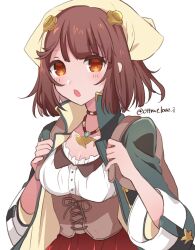  :o atelier_(series) atelier_sophie backpack bag blue_coat brown_eyes brown_hair coat collared_coat commentary_request corset cowboy_shot female hands_up haruna_(citrus_love_i) head_scarf highres holding_strap jewelry long_sleeves looking_at_viewer necklace open_mouth red_skirt short_hair simple_background skirt solo sophie_neuenmuller twitter_username white_background 