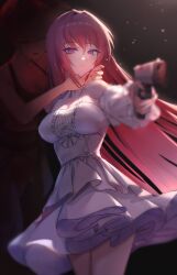  2girls absurdres black_background character_request crying dorothy_(nikke) dress goddess_of_victory:_nikke gun hair_intakes handgun highres holding holding_gun holding_weapon maviss_03 multiple_girls pink_hair purple_eyes simple_background tears weapon white_dress 