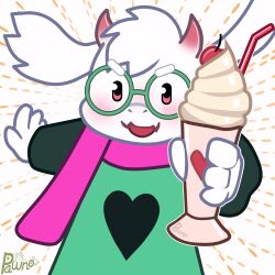  1:1 absurd_res beverage blush bovid caprine cherry dairy_products deltarune drinking_straw eyewear food fruit glasses goat green_eyewear green_glasses heart_symbol hi_res horn male mammal milkshake offering_to_viewer open_mouth pawnoart pink_eyes pink_scarf plant ralsei scarf smile solo undertale_(series) whipped_cream 