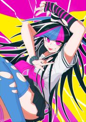  arm_warmers asymmetrical_legwear belt black_nails black_skirt bracelet choker closed_mouth commentary_request danganronpa_(series) danganronpa_2:_goodbye_despair female hair_horns highres jewelry lip_piercing long_hair looking_at_viewer mioda_ibuki mismatched_legwear multicolored_hair multiple_rings neckerchief piercing pink_eyes pink_neckerchief pleated_skirt ring sailor_collar scar scar_on_leg school_uniform scrunchie serafuku shirt short_sleeves single_arm_warmer skirt solo striped_arm_warmers thighhighs torn_clothes torn_thighhighs very_long_hair w white_shirt wrist_scrunchie xzeong 