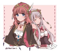  2girls atelier_(series) atelier_lulua blue_eyes blunt_bangs border breasts cleavage closed_eyes closed_mouth commentary elmerulia_fryxell grey_hair hair_ornament haruna_(citrus_love_i) heart heart_hair_ornament highres leaning_on_person long_hair looking_at_viewer mother_and_daughter multiple_girls outside_border pink_background rorolina_frixell sleeping sleeping_on_person sleeping_upright small_breasts smile twitter_username upper_body white_border 