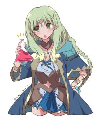  :o atelier_(series) atelier_lulua blue_coat blue_dress braid breasts circlet cleavage clothing_cutout coat commentary_request cowboy_shot cropped_legs detached_collar dress female flask green_eyes green_hair hand_on_own_hip hand_up haruna_(citrus_love_i) highres holding holding_flask long_hair looking_to_the_side navel_cutout notice_lines open_mouth piana_(atelier) simple_background solo standing twitter_username white_background 