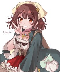  :d atelier_(series) atelier_sophie blue_bow blue_coat bow breasts brown_eyes coat collared_coat commentary_request corset cowboy_shot female frilled_skirt frills hand_up haruna_(citrus_love_i) head_scarf highres jewelry long_sleeves looking_at_viewer medium_breasts necklace open_mouth red_hair red_skirt short_hair simple_background skirt smile solo sophie_neuenmuller standing twitter_username w white_background 