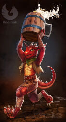  2024 alcohol anthro beer beverage biped claws countershade_torso countershading digital_media_(artwork) finger_claws green_eyes holding_beverage holding_object horn kobold male male_anthro open_mouth open_smile paws red-izak red_body red_scales scales scalie smile solo toe_claws yellow_body yellow_scales 