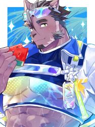  1boy abs absurdres alternate_costume animal_ears animal_nose bara bare_pectorals beard black_eyebrows black_hair blue_background cat_ears chewing closed_mouth eating eyewear_on_head facial_hair feline food fruit furry furry_male hagiography highres holding holding_food holding_fruit jacket large_pectorals lightstick live_a_hero male_focus muscular muscular_male official_alternate_costume palm_leaf palm_tree pectorals purple_fur short_hair sparkle strap sunglasses thick_eyebrows toenails translucent_swimsuit tree tsuneaki_(live_a_hero) water watermelon watermelon_seeds watermelon_slice wet white_jacket yellow_eyes 