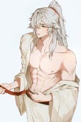  1boy 2_0_9 abs belt brown_eyes collarbone commentary cowboy_shot hair_intakes hair_over_one_eye hair_ribbon hands_up hashtag-only_commentary highres honkai:_star_rail honkai_(series) jing_yuan long_hair looking_to_the_side male_focus nipples one_eye_covered open_clothes open_robe parted_lips pectorals ponytail red_belt red_ribbon ribbon robe sideways_glance simple_background single_bare_shoulder solo white_background white_hair white_robe wide_sleeves 