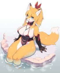  :p animal_ears animal_nose arms_at_sides black_collar black_gloves blonde_hair blue_eyes blue_gemstone bow breasts bright_pupils cleavage collar collared_one-piece_swimsuit commentary curvy elbow_gloves female fingerless_gloves furry furry_female gem gloves hairbow hands_on_ground highleg highleg_one-piece_swimsuit highres jewelry large_breasts legs_together long_hair looking_at_viewer necklace one-piece_swimsuit onsen original ponytail red_bow sidelocks sitting smile solo swimsuit symbol-only_commentary tail thick_thighs thighs three_quarter_view tongue tongue_out white_pupils wkar wolf_ears wolf_girl wolf_tail 