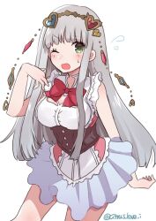  atelier_(series) atelier_lulua bare_shoulders blunt_bangs blush bow bowtie breasts cleavage_cutout clothing_cutout cowboy_shot dress elmerulia_fryxell female flying_sweatdrops frilled_dress frills green_eyes grey_hair hair_ornament hand_up haruna_(citrus_love_i) heart heart_hair_ornament long_hair looking_at_viewer medium_breasts one_eye_closed open_mouth red_bow simple_background solo standing twitter_username white_background 