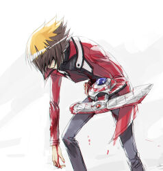  1boy arm_at_side black_shirt bleeding blood blood_on_clothes blood_on_ground blood_on_hands blood_on_object brown_hair duel_disk exhausted facing_to_the_side grey_pants hair_over_eyes hand_on_own_stomach hunched_over implied_injury injury jacket leaning_forward looking_down moribuden open_clothes open_jacket pants red_jacket shirt white_background yu-gi-oh! yu-gi-oh!_gx yuki_judai 