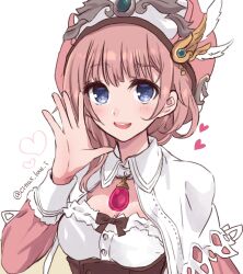  :d atelier_(series) atelier_rorona blue_eyes breasts brown_hair capelet cleavage commentary female hand_up haruna_(citrus_love_i) hat heart highres long_sleeves looking_at_viewer open_hand open_mouth pink_hat rorolina_frixell shirt short_hair simple_background small_breasts smile solo twitter_username upper_body white_background white_capelet white_shirt 