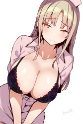  batta_16-sei black_bra blush bra breasts female hat highres large_breasts long_hair looking_at_viewer nijisanji nurse_cap open_clothes signature simple_background sister_claire solo underwear virtual_youtuber white_background yellow_eyes 