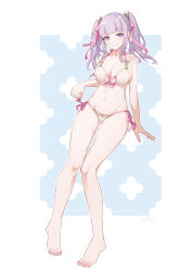  absurdres artist_name azur_lane bikini bow bow_bikini breasts chinese_commentary cleavage collarbone commentary_request feet female full_body hair_ornament highres large_breasts long_hair looking_at_viewer navel official_alternate_costume ping_zhong_yu pink_bow pink_ribbon plymouth_(azur_lane) plymouth_(heart-throbbing_refreshment)_(azur_lane) purple_eyes purple_hair ribbon simple_background solo swimsuit twintails white_bikini 