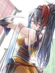  absurdres alternate_costume armor blue_hair breasts clear_glass_(mildmild1311) dark_blue_hair female fire_emblem fire_emblem_fates high_ponytail highres japanese_armor japanese_clothes looking_at_viewer medium_breasts ninja oboro_(fire_emblem) one_eye_closed solo upper_body yellow_eyes 