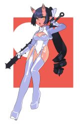  black_hair blue_bow blue_footwear blue_gloves boots bow breasts chikuwa_fan973 cleavage cleavage_cutout clothing_cutout club_(weapon) colored_skin commentary_request demon_girl demon_horns drill_hair drill_ponytail female full_body garter_straps gloves hairbow high_heel_boots high_heels highres holding holding_club holding_weapon horns large_breasts long_hair open_mouth orange_eyes original outside_border platform_footwear platform_heels pointy_ears red_background red_lips red_skin skin-covered_horns sleeveless_turtleneck_leotard solo spiked_club thigh_boots very_long_hair weapon 