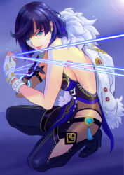  aqua_eyes asymmetrical_gloves bare_shoulders bead_choker blue_hair bob_cut breasts cleavage diagonal_bangs earrings elbow_gloves female fur-trimmed_jacket fur_trim genshin_impact gloves halterneck high_heels highres hip_vent jacket jacket_on_shoulders jewelry large_breasts mai_(b9035796) mismatched_gloves neck_tassel short_hair single_elbow_glove solo squatting tassel_choker yelan_(genshin_impact) 