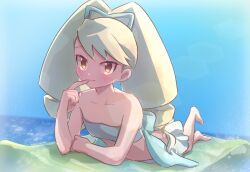  bare_shoulders barefoot beach_towel bikini blonde_hair bow brown_eyes closed_mouth commentary_request drill_hair female full_body hairbow kika_tohoku long_hair luna_platz_(mega_man) lying mega_man_(series) mega_man_star_force_(series) official_alternate_costume on_stomach rockman_xover smile solo swimsuit towel twin_drills white_bikini white_bow 