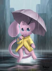  2024 :3 ambiguous_gender artist_name blue_eyes bokurei clothing coat featureless_crotch feet feral fur generation_1_pokemon glistening head_tuft hi_res holding_object holding_umbrella legendary_pokemon lineless long_tail mew_(pokemon) nintendo pink_body pink_ears pink_feet pink_fur pink_hands pink_head pink_tail pokemon pokemon_(species) raincoat raincoat_only raindrop raindrops raining reflection shaded signature simple_background solo tail topwear tuft umbrella urban_background water water_reflection white_sclera yellow_raincoat 