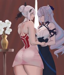  2girls absurdres ass backless_dress backless_outfit bare_back bare_shoulders blue_eyes breasts bronya_zaychik cleavage cowboy_shot dress drill_hair flower grey_eyes grey_hair grin hair_bun highres honkai_(series) honkai_impact_3rd kiana_kaslana long_hair multiple_girls novist pencil_dress pink_dress short_dress short_hair smile standing thighs vase very_long_hair white_flower white_hair 