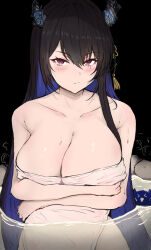  arms_under_breasts asymmetrical_horns bird black_hair blue_hair breasts cleavage colored_inner_hair demon_horns female hololive hololive_english horns jailbird_(nerissa_ravencroft) large_breasts looking_at_viewer mole mole_under_eye multicolored_hair naked_towel nerissa_ravencroft onsen red_eyes sak1_01 towel virtual_youtuber water 