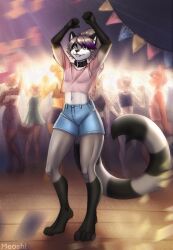  anthro blue_eyes bottomwear clothed clothing crop_top crowd dance_club dancing digital_media_(artwork) festival fur grey_body grey_fur group hi_res holidays jeans_shorts male mammal meosh rave shirt smile solo standing tail topwear 