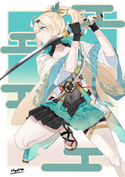  absurdres blonde_hair covered_navel female fighting_stance from_side green_eyes highres holding holding_sword holding_weapon hololive hydra_(kuzuryuu9) japanese_clothes kazama_iroha kimono leg_up sandals short_kimono solo sword thighs virtual_youtuber weapon 