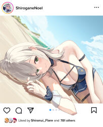  absurdres alternate_costume arm_strap beach bikini bikini_skirt bikini_top_only blue_choker blue_sky breasts choker closed_mouth commentary english_commentary english_text female front-tie_bikini_top front-tie_top green_eyes highres hololive instagram large_breasts looking_at_viewer lying mole mole_on_breast multi-strapped_bikini_top nyxview ocean on_side parted_hair shirogane_noel shirogane_noel_(summer_2020) short_hair single_wrist_cuff sky smile solo swimsuit thigh_strap two-tone_bikini user_interface virtual_youtuber wrist_cuffs 