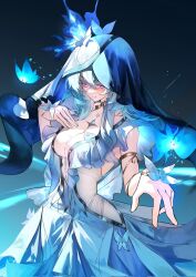  blue_butterfly blue_hair blue_theme breasts bug butterfly closed_mouth collarbone female hair_between_eyes hand_up highres large_breasts lewdlily66 looking_at_viewer medium_hair purple_eyes see-through_dress_layer sidelocks smile solo tacet_mark_(wuthering_waves) the_shorekeeper_(wuthering_waves) veil white_veil wuthering_waves 