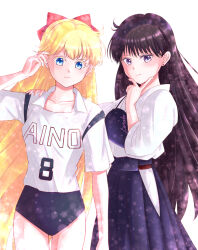  2girls aino_minako archery bishoujo_senshi_sailor_moon black_hair black_skirt blonde_hair blue_eyes bluechocomint bow buruma collarbone ear_piercing hairbow hakama hakama_skirt hand_on_another&#039;s_shoulder hino_rei hip_vent japanese_clothes kyuudou long_hair looking_at_viewer multiple_girls muneate piercing purple_eyes red_bow shirt simple_background skirt sportswear standing volleyball white_background white_shirt 