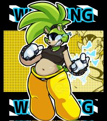  2024 afrosoricid anthro artist_logo artist_name belly belt bottomwear breasts clothing ear_piercing electricity electricity_manipulation elemental_manipulation english_text female gesture glowing glowing_eyes hair hand_gesture hi_res idw_publishing logo mammal navel pants piercing pointing pointing_at_self ponytail sega sharp_teeth slightly_chubby slightly_chubby_anthro slightly_chubby_female smile solo sonic_the_hedgehog_(comics) sonic_the_hedgehog_(idw) sonic_the_hedgehog_(series) springhell1201 surge_the_tenrec teeth tenrec text yellow_bottomwear yellow_clothing yellow_pants 